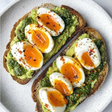 Avocado egg toast topped with pesto for a delicious breakfast dish