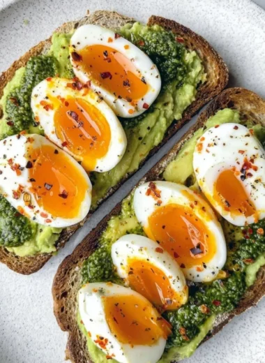 Avocado egg toast topped with pesto for a delicious breakfast dish