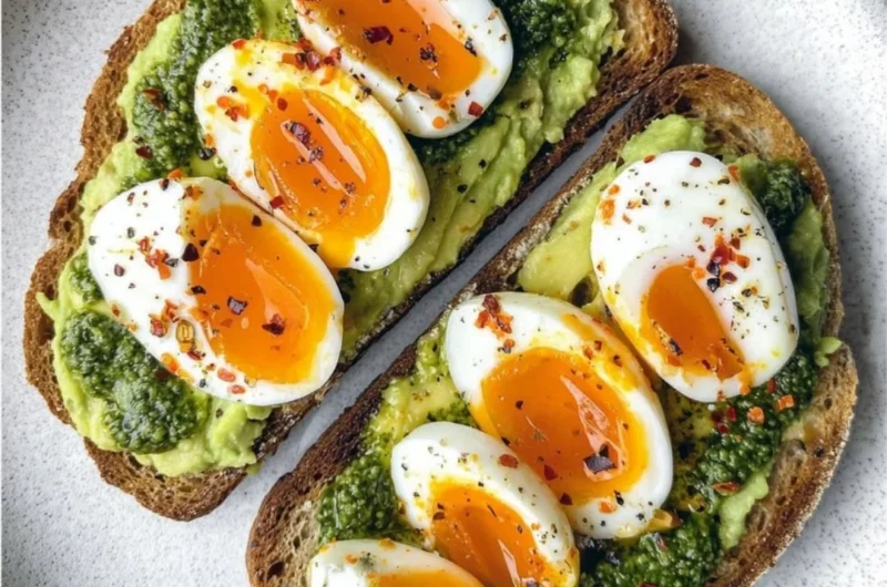 Avocado egg toast topped with pesto for a delicious breakfast dish