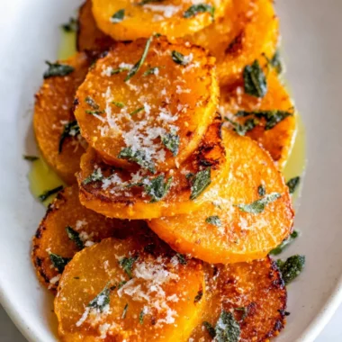 Baked butternut squash served on a plate with garnishes.