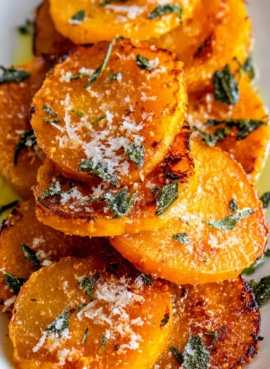 Baked butternut squash served on a plate with garnishes.