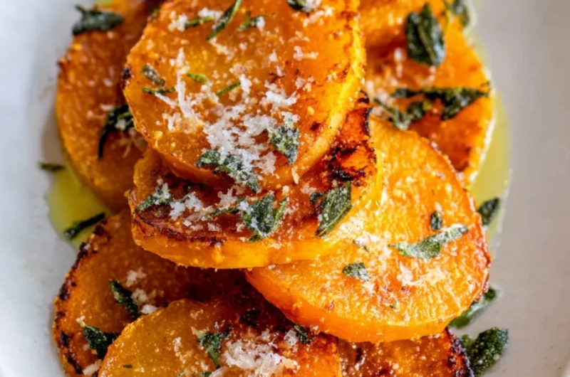 Baked butternut squash served on a plate with garnishes.