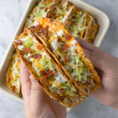 Baked chicken bacon ranch tacos served on a wooden platter