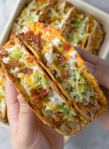 Baked chicken bacon ranch tacos served on a wooden platter