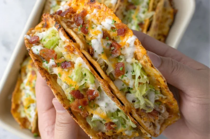 Baked chicken bacon ranch tacos served on a wooden platter