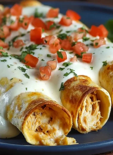 Baked Cream Cheese Chicken Taquitos on a plate garnished with fresh herbs.