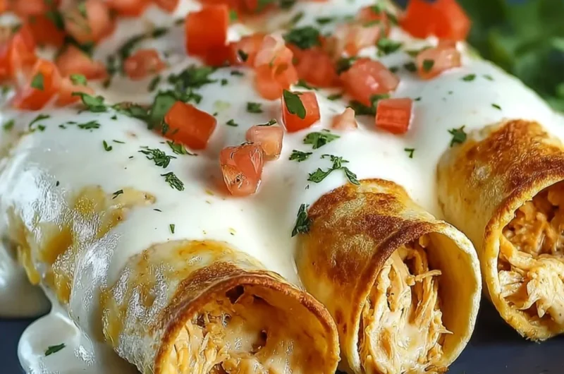 Baked Cream Cheese Chicken Taquitos on a plate garnished with fresh herbs.