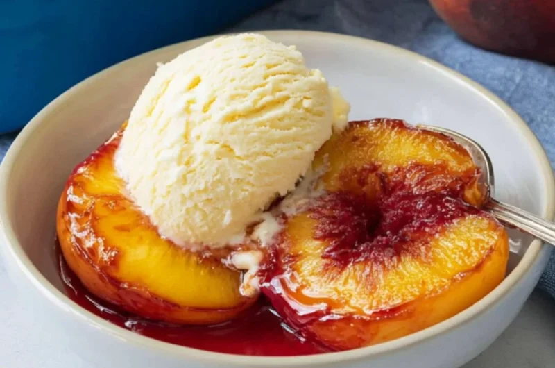 Deliciously baked peaches topped with cinnamon and served warm.