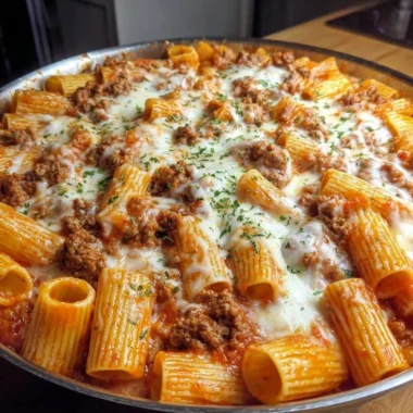 Baked Rigatoni with Ground Beef, topped with melted cheese and fresh herbs.