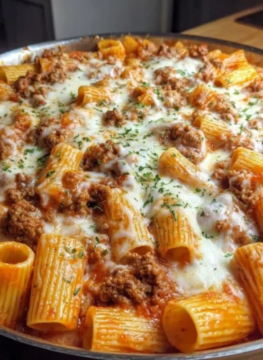 Baked Rigatoni with Ground Beef, topped with melted cheese and fresh herbs.