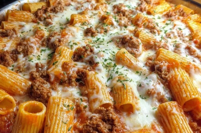 Baked Rigatoni with Ground Beef, topped with melted cheese and fresh herbs.