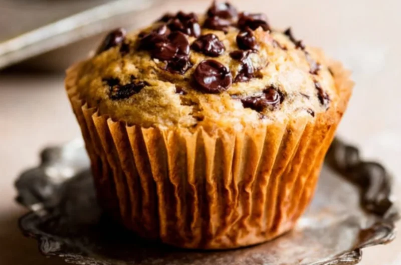 Freshly baked banana chocolate chip muffins on a cooling rack.