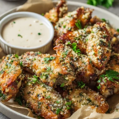 Delicious Garlic Parmesan Wings served with a tasty dipping sauce.