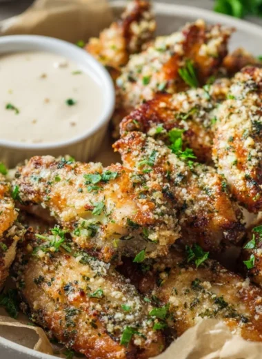 Delicious Garlic Parmesan Wings served with a tasty dipping sauce.