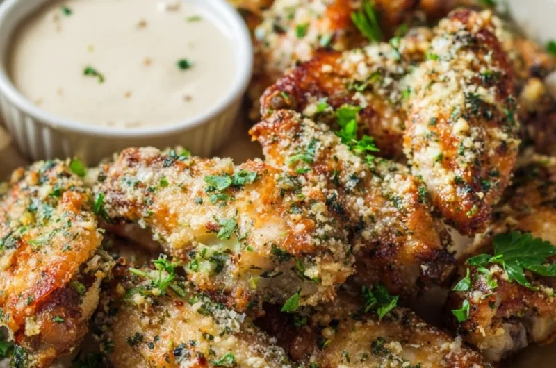 Delicious Garlic Parmesan Wings served with a tasty dipping sauce.