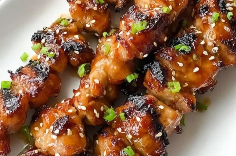 Delicious plate of teriyaki chicken garnished with sesame seeds and green onions.