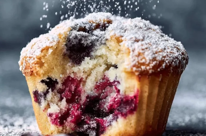 Freshly baked blueberry muffins displaying golden tops and juicy blueberries
