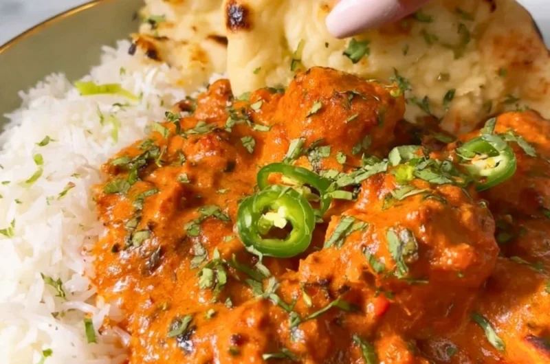 Delicious butter chicken served with rice and naan