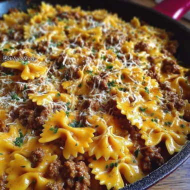 Cajun Cream Cheese Alfredo Bowties topped with spiced ground beef and herbs