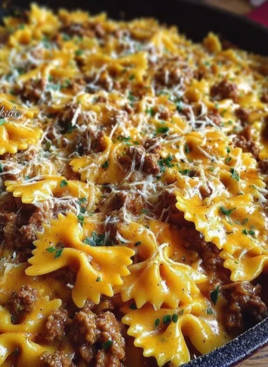 Cajun Cream Cheese Alfredo Bowties topped with spiced ground beef and herbs