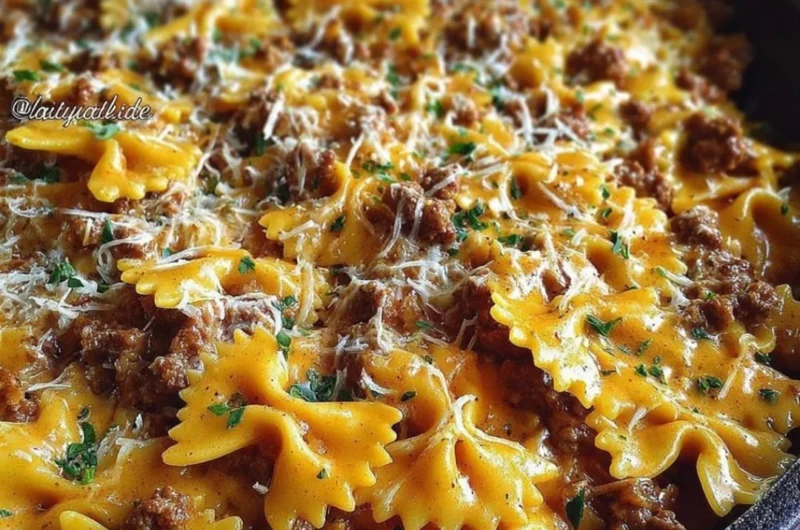 Cajun Cream Cheese Alfredo Bowties topped with spiced ground beef and herbs