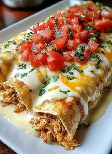 Delicious plate of Cheese Chicken Enchiladas garnished with fresh cilantro