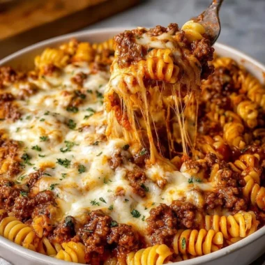 Cheesy baked beef rotini topped with melted cheese and herbs in a baking dish.