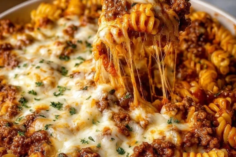 Cheesy baked beef rotini topped with melted cheese and herbs in a baking dish.