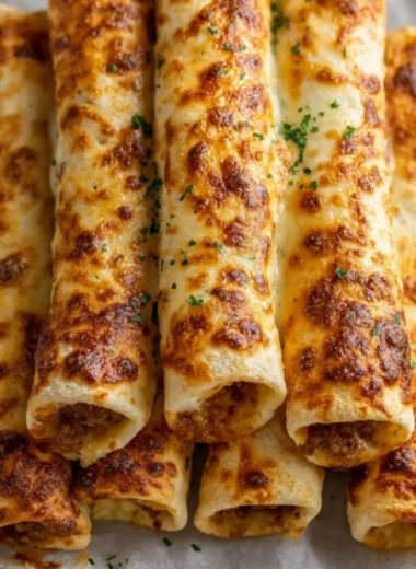Cheesy taco sticks with melted cheese and toppings on a serving platter
