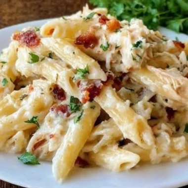 Delicious Chicken Bacon Ranch Baked Penne served in a dish