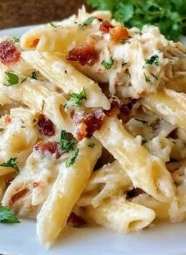 Delicious Chicken Bacon Ranch Baked Penne served in a dish