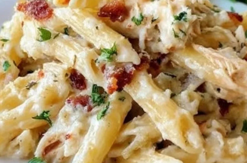 Delicious Chicken Bacon Ranch Baked Penne served in a dish