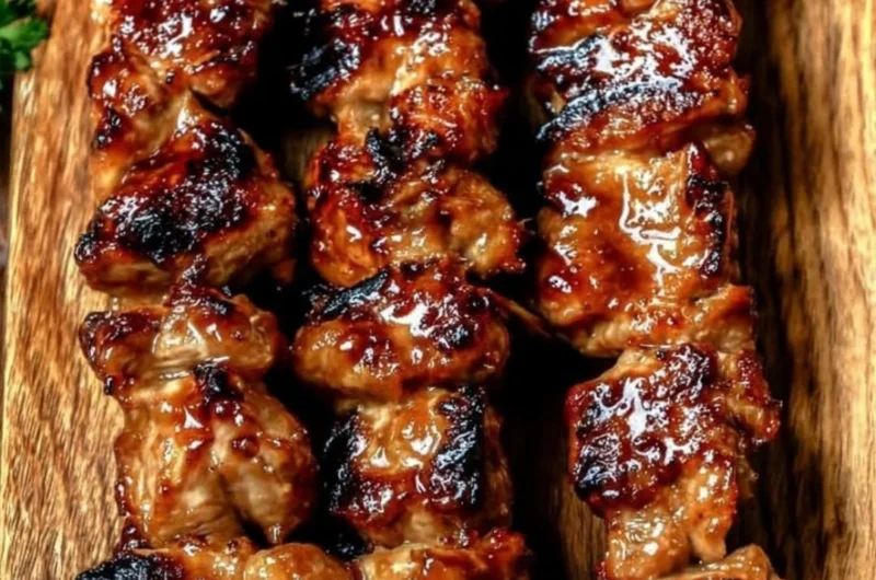 Grilled chicken skewers served with fresh vegetables and herbs.