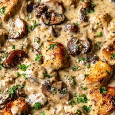 Creamy Chicken Stroganoff served over egg noodles with herbs
