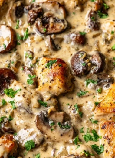 Creamy Chicken Stroganoff served over egg noodles with herbs