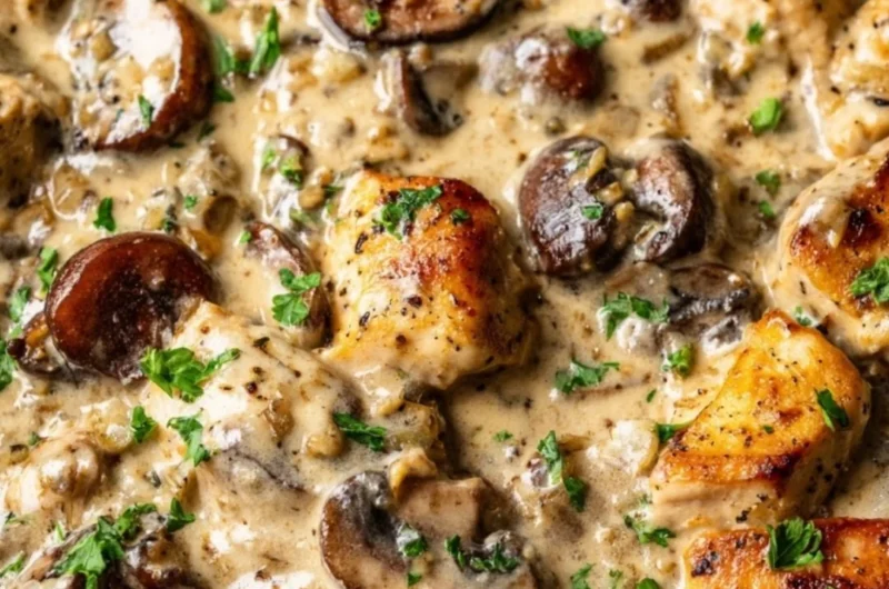 Creamy Chicken Stroganoff served over egg noodles with herbs