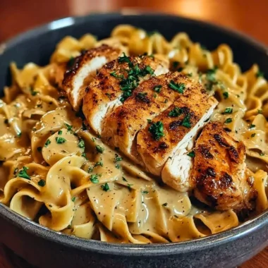 Plate of Chicken with Buttered Noodles garnished with herbs