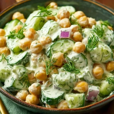 Chickpea salad with cucumbers and creamy yogurt dressing in a colorful bowl.