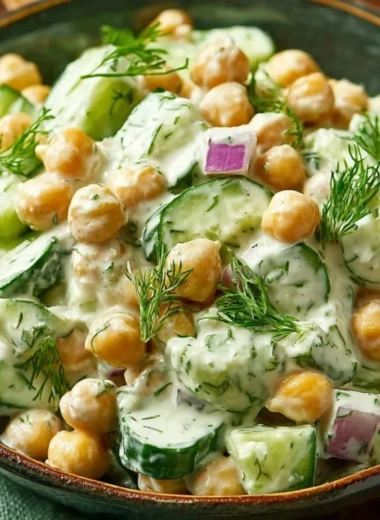 Chickpea salad with cucumbers and creamy yogurt dressing in a colorful bowl.
