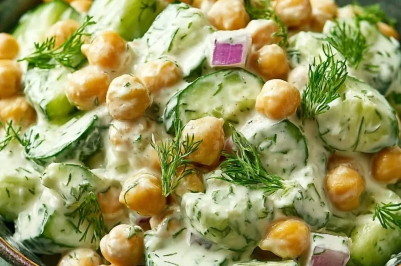 Chickpea salad with cucumbers and creamy yogurt dressing in a colorful bowl.