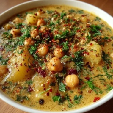Delicious bowl of chickpea potato soup garnished with herbs