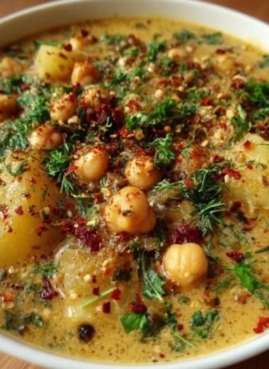 Delicious bowl of chickpea potato soup garnished with herbs