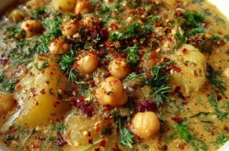 Delicious bowl of chickpea potato soup garnished with herbs