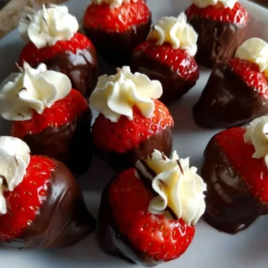 Delicious chocolate covered cheesecake strawberries on a plate