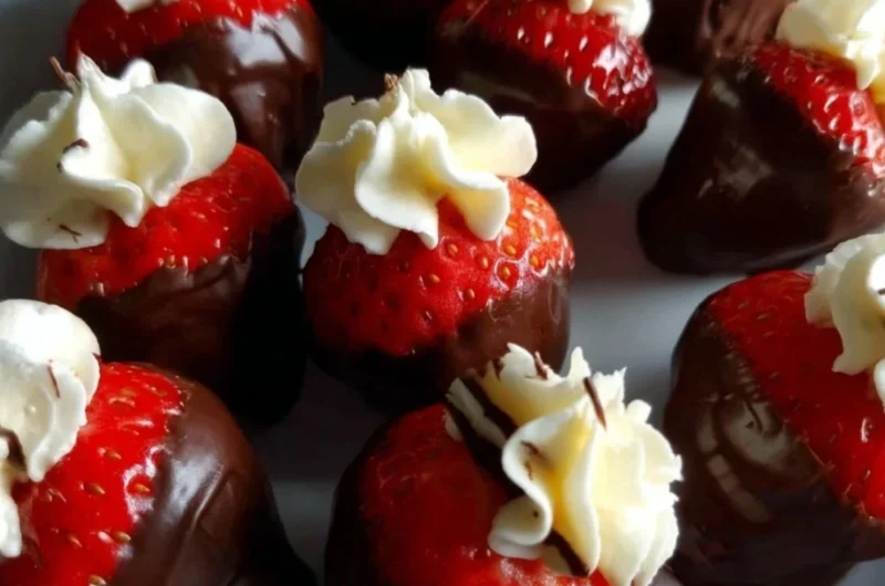 Delicious chocolate covered cheesecake strawberries on a plate