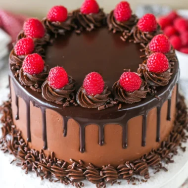 Delicious Chocolate Raspberry Layer Cake with rich chocolate layers and fresh raspberries