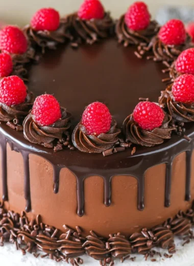 Delicious Chocolate Raspberry Layer Cake with rich chocolate layers and fresh raspberries
