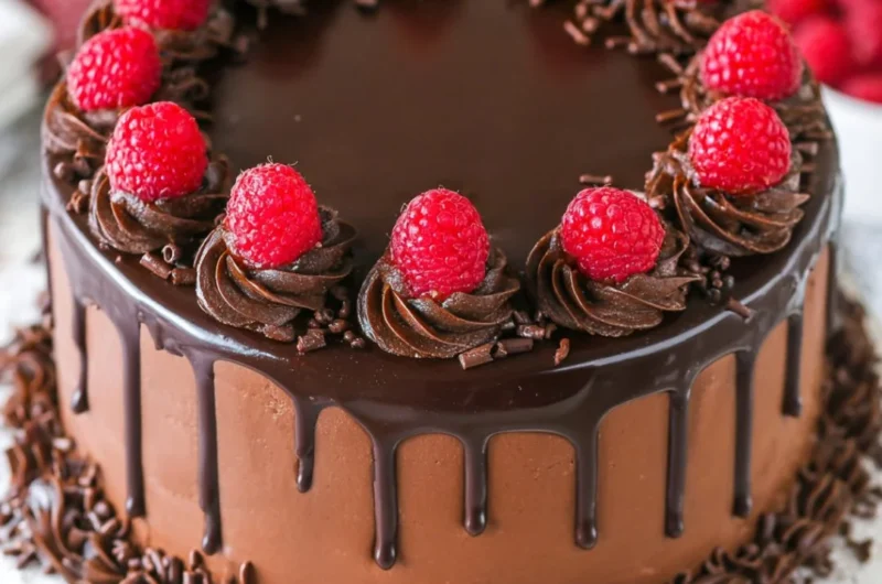 Delicious Chocolate Raspberry Layer Cake with rich chocolate layers and fresh raspberries