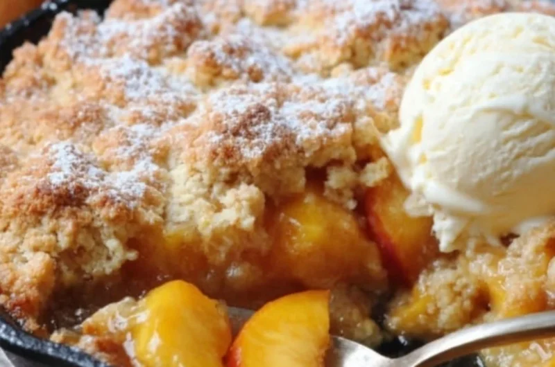 Delicious classic Southern peach cobbler with juicy peaches and golden crust.