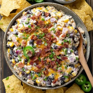 Delicious Cowboy Corn Dip served in a bowl with chips.